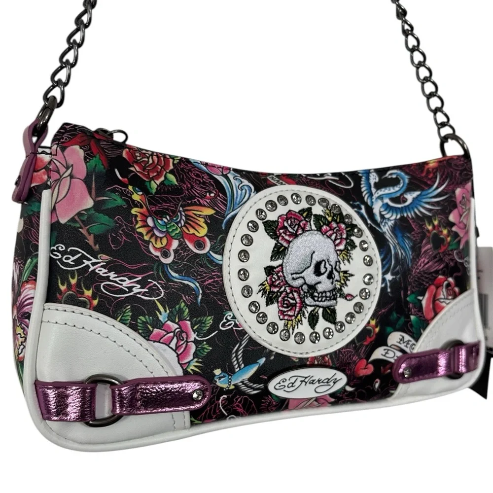 Ed Hardy Shoulder / Crossbody Bag Skull Rose Tattoo Print Rhinestone ms Y2K Punk